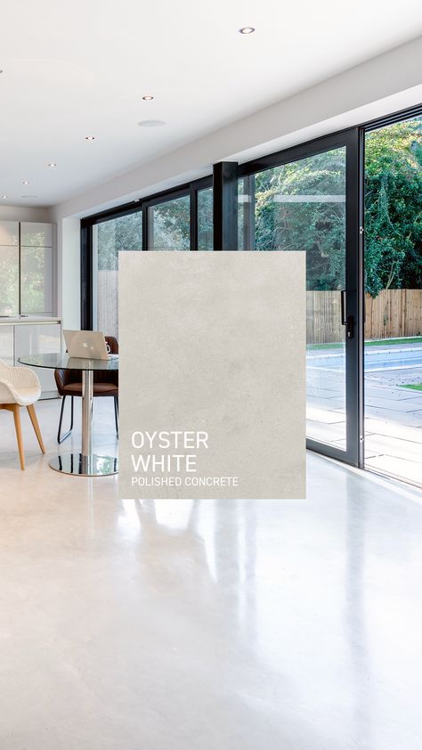 Oyster White just oozes luxury. Stylish and welcoming, this iconic polished concrete colour makes a stunning first impression for any space and it’s ideal where reflected light is needed for brightness. Quintessentially contemporary, it works well with a wide range of complementary tones, such as wood and steel. / #architecture #interiordesign #homeideas White Concrete Flooring, Light Gray Concrete Floors, White Kitchen Polished Concrete Floor, Concrete Japandi, Polished Concrete Floor Living Room, White Polished Concrete Floor, Modern Concrete Floors, White Flooring Ideas, Cement Floor Ideas