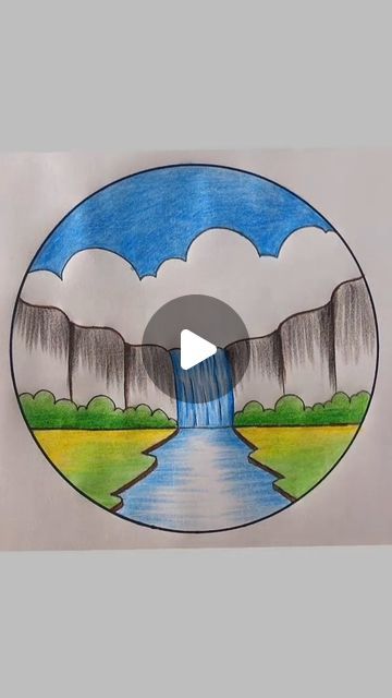 Waterfalls Drawing, Mountain With Waterfall, River Drawing, Beautiful Scenery Drawing, Waterfall Drawing, Art Reels, Drawing Scenery, Scenery Art, Working Drawing