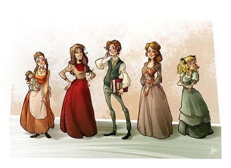 Beth, Jo, Laurie, Meg, and Amy Little Women Fanart, Women Fanart, Women Characters, Frozen Wallpaper, Characters Design, Victorian Dolls, Little Women, Woman Illustration, Book Images