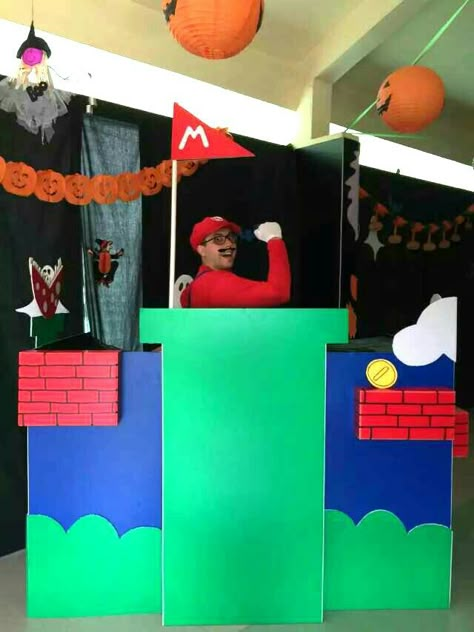 Super Mario Dramatic Play, Super Mario Float Ideas, Super Mario Theme Halloween Party, Super Mario Bros Float, Mario Photo Backdrop, Mario Kart Halloween Decorations, Mario Bros Decor, Super Mario Vbs, Super Mario Halloween Decorations