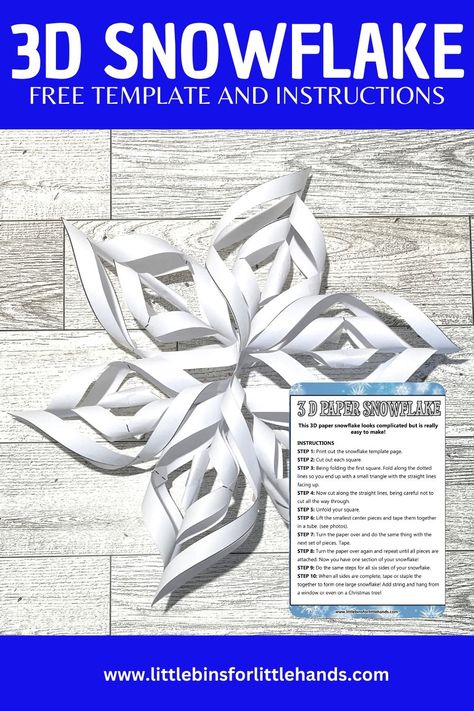 3D Paper Snowflakes: Printable Template - Little Bins for Little Hands 3d Snowflake Template Printable Free, 3d Paper Snowflakes Templates, 3d Snowflakes How To Make, 3d Snowflake Template, Diy Paper Snowflakes Pattern, Snowflakes Printable, Snowflake 3d, Printable Snowflake Template, Paper Snowflake Template