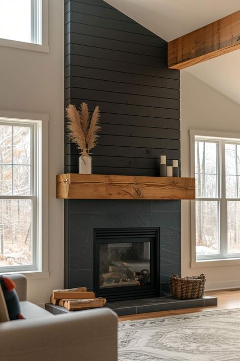 Fireplace Wood Paneling Wall, Black Slate Fireplace, Black Shiplap Fireplace, Shiplap Fireplace Ideas, Tiled Fireplace Wall, Black Shiplap, Remodel Fireplace, Wood Mantle Fireplace, Traditional Layout