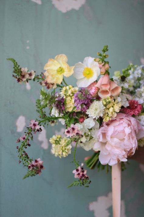 Early june wedding with poppies, foxglove, scabiosa, stock, nigella, peony, verbascum, lemon mint Lavender And Poppy Bouquet, Peony And Wildflower Bouquet, Foxglove Wedding Bouquet, Foxglove Bouquet, Foxglove Wedding, Early June Wedding, Poppy Bouquet, Cat Wedding, Tulip Bouquet