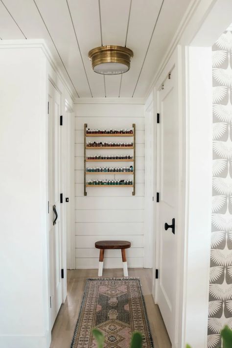 House Details- Molding, Shiplap, Paint, Doors, Woven Shades and More - Nesting With Grace Shiplap Hallway Ceiling, House Molding, Shiplap Hallway, Shiplap Door, Hall Door, Paint Doors, Painting Shiplap, Nesting With Grace, Shiplap Ceiling