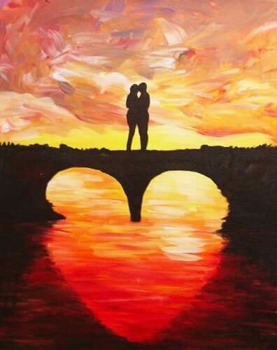 DIY painting?  Bridge of Love Couples Canvas Painting, Sunset Landscape Painting, Simple Painting Ideas, Easy Landscape Paintings, Abstract Wall Art Painting, Painting Ideas For Beginners, Easy Acrylic Painting, Sunrise Painting, Romantic Paintings