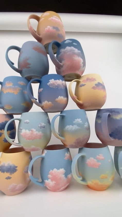 Clouds Pottery Painting, Clay Painting Inspiration, Cloud Pottery Painting, Bisque Painting Ideas Ceramics, Coffee Mug Painting Ideas Ceramics, Painted Tea Cups Ideas, Cermic Mug, Colorful Pottery Painting, Painted Ceramic Vase Ideas