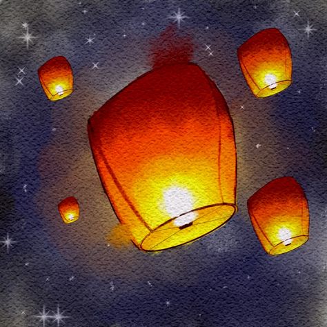 How To Draw Lanterns, Lantern Art Drawing, Sky Lanterns Painting, Paper Lantern Drawing, Sky Lantern Drawing, Lantern Watercolor Painting, Lantern Drawing Simple, How To Draw Sky, Chinese Lantern Drawing