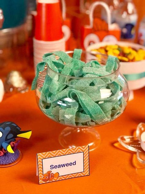 Finding Nemo Birthday Party | CatchMyParty.com Nemo Party Food, Dory Birthday Party Ideas, Nemo Party Decorations, Finding Nemo Theme, Nemo Baby Shower, Finding Nemo Baby, Finding Dory Birthday Party, Dory Birthday Party, Finding Nemo Party