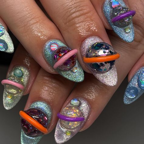 Groovy Nails, Planet Nails, Cutie Cat, Witch Nails, Space Nails, Long Acrylic Nail Designs, Galaxy Nails, Cute Acrylic Nail Designs, Pearl Nails