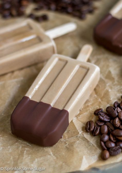 Chocolate-Dipped Mocha Iced Coffee Popsicles - Ultra creamy popsicles using International Delight Iced Coffee for a refreshing treat! Pop Cycles, Iced Coffee Popsicles, International Delight Iced Coffee, Mocha Iced Coffee, Creamy Popsicles, Coffee Popsicles, Homemade Latte, Coffee Creamers, Baked Granola