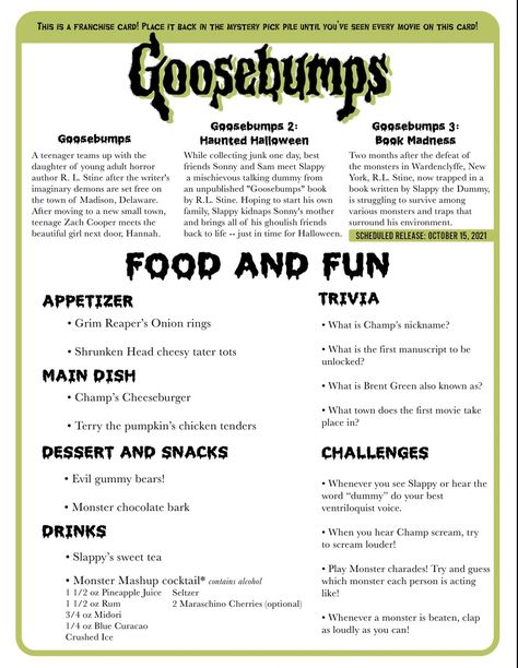 Movies With Food Themes, Goosebumps Movie Night Food, Goosebumps Dinner And A Movie, Disney Movie Night Menu Halloween, Movie Night Menu Ideas For Adults, Gremlins Movie Night Food, Robin Hood Dinner And A Movie, Goosebumps Themed Food, Halloween Themed Movie Night Food