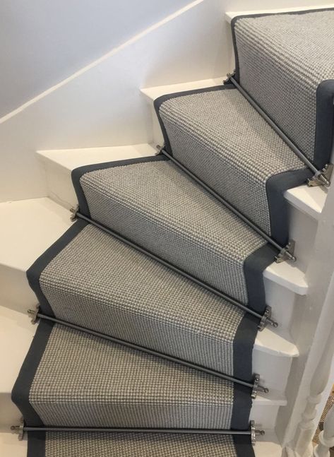 Grey Stair Carpet, Staircase Carpet Runner, Carpet Staircase, Gray Stairs, Staircase Runner, Alternative Flooring, Stair Rods, Hallway Flooring, Hallway Designs