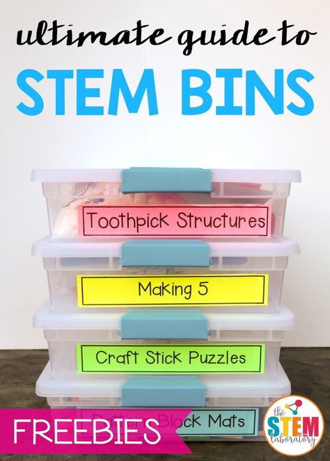 The Ultimate Guide to STEM Bins! Teacher hacks and tips for making STEM bins that rock. SO many helpful freebies in this post! Stem Bins, Stem Boxes, Stem Centers, Kindergarten Stem, Early Finisher Activities, Math Tutoring, Preschool Stem, Free Printables Organization, Stem Classroom