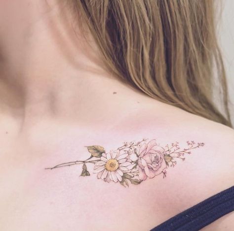 Rose And Daisy Tattoo, Daisy And Rose Tattoo, Rose Tattoo Back, Tattoo Birth Flowers, Watercolor Daisy Tattoo, Gerbera Daisy Tattoo, White Daisy Tattoo, Daisy Tattoo Meaning, Daisy Chain Tattoo