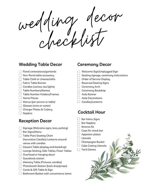 Wedding Day Decor Checklist, Ceremony Decor Checklist, Essential Wedding Decorations, At Home Wedding Checklist, Organizing Wedding Decorations, Decor Needed For Wedding, Wedding Essentials Decor, Wedding Diy Checklist, Small Inexpensive Wedding