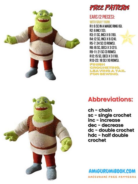 Free Shrek Amigurumi Pattern – Create Your Own Adorable Ogre Toy! – Amigurumibook.com Shrek Amigurumi, Shrek Movie, Crochet Baby Projects, Crochet Dinosaur Patterns, Crochet Unicorn Pattern, Free Amigurumi Crochet Patterns, Hello Kitty Crochet, Crochet Pattern Instructions, Crochet Baby Shoes Pattern