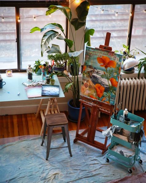 to go into the world : the artwork of mae chevrette: new studio tour and some thoughts Art Room Flooring, Ikea Artist Studio, Easel In Bedroom, Mae Chevrette, Dream Art Studio, Ikea Cart, Artist Corner, Small Art Studio, Painting Station