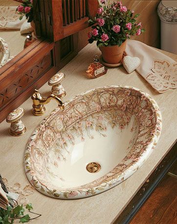 Briar Rose - Floral Painted Sink - Fairy Tale Home Decor - THIS IS THE SINK I WANT FOR MY HALF BATH!!!! English Bathroom, Chic Powder Room, Cloakroom Sink, Victorian Bathroom, Glass Sink, Ideal Bathrooms, Shabby Chic Bathroom, Briar Rose, Sink Design