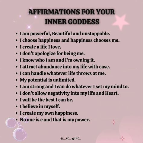 🌟 Embrace the Power of Goddess Affirmations! 🌟 1️⃣ Channel your inner strength and let your light shine bright. 2️⃣ Empower your spirit with positive affirmations every day. 3️⃣ Feel the divine energy elevate your confidence and self-love. 4️⃣ Trust in the universe and manifest your dreams. 5️⃣ Speak kind words to yourself and others. 6️⃣ Surround yourself with uplifting energy and positivity. 7️⃣ Celebrate your uniqueness and individuality. 8️⃣ Embrace challenges as opportunities fo... Goddess Energy Affirmations, Goddess Affirmations I Am, Manifesting Positive Energy, Affirmations For Trusting The Universe, Glamour Magic Affirmations, Manifest Specific Person Affirmations, Social Affirmations, Opportunities Affirmations, Manifesting Confidence