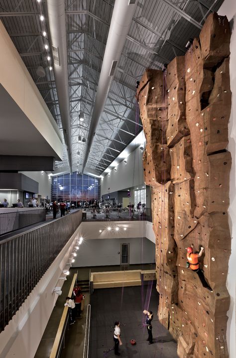 Illinois State University Student Fitness Center climbing wall and second floor weight area Wall Climbing, Gym Building, Rock Climbing Architecture, Indoor Sports Complex Design, Yoga Flexibility Workout, Climbing Structure, Inside Rock Climbing Wall, Indoor Sports Complex Design Concept, Climbing Gym Architecture