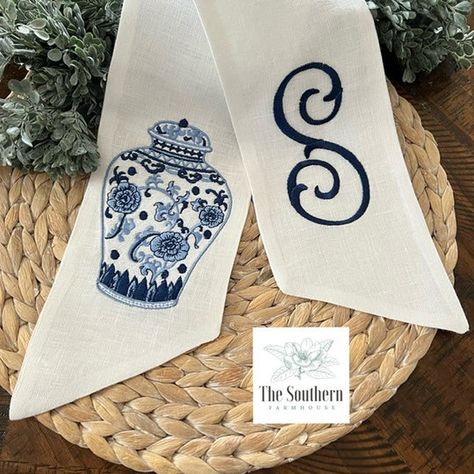 Monogrammed Wreath Sash, Southern Embroidery, Wreath Scarf, Chinoiserie Embroidery, Willow Decor, Wreath Sashes, Wreath Sash, Southern Interior, Southern Farmhouse