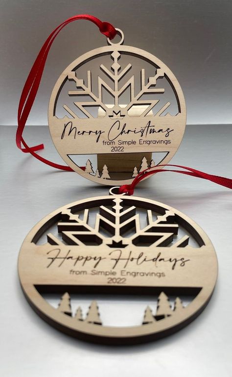 Create stunning engraved wooden ornaments using Cricut technology. Explore laser cut designs that make perfect gifts or additions to your Christmas tree this year! Cricut Wood Christmas Ornaments, Christmas Laser Ornaments, Laser Wood Ornaments, Xtool M1 Project Ideas Christmas, Christmas Ornament Laser Cut, Christmas Laser Engraving Ideas, Lightburn Laser Projects Free, Glowforge Christmas Ornaments, Christmas Ornaments Laser Cut