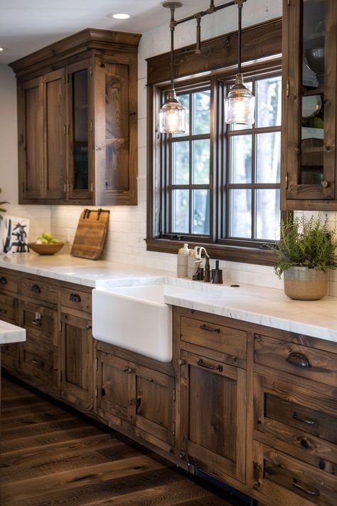 35  Rustic Kitchen Design Inspirations – TastyInteriors Kitchen Rustic Cabinets, Gunsmoke Cabinet Stain, Mountain House Kitchen Rustic, Country Kitchen Wood Cabinets, Ranch Kitchen Decor, Ranch House Ideas Interior, Oak Wood Kitchen Ideas, Rustic Walnut Kitchen Cabinets, Rustic Farm Kitchen Ideas