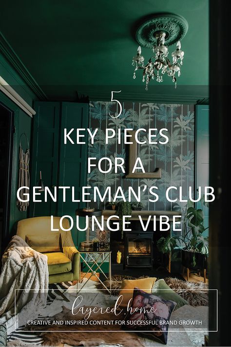 5 key pieces in creating a gentleman's club vibe lounge Gentleman's Club Interior, Mens Club Decor, Gold Lounge Ideas Living Rooms, Speakeasy Office Decor, Gentlemans Living Room, Gentlemen Club Interior, Gentleman's Club Decor, Gentleman Lounge Interior Design, Jazz Club Inspired Living Room