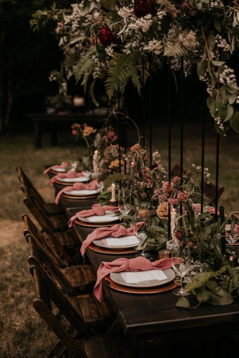 Intimate Wedding Reception, Mauve Wedding, Dark Wedding, Outdoor Dinner, Moody Wedding, Olympic National Park, Wedding Tablescapes, Wedding Centerpiece, Adventure Wedding