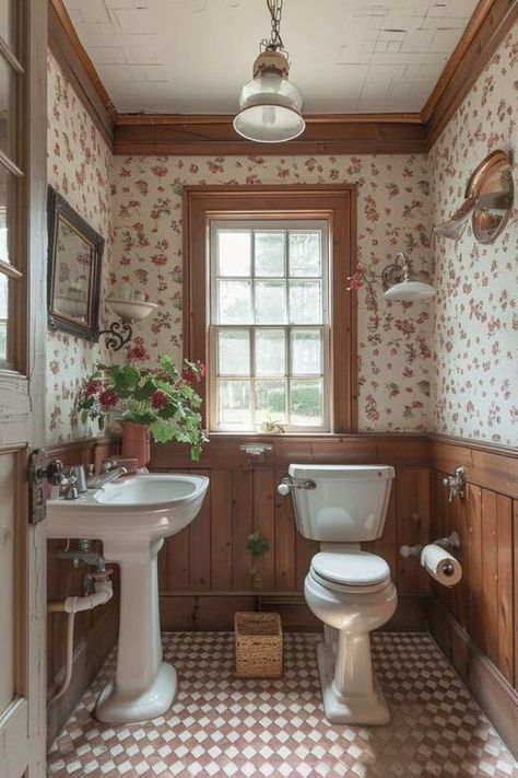 Vintage Wallpaper Bathroom, Grandmacore Bathroom, Cozy Cottage Bathroom, Grandma Bathroom, Old Fashioned Bathroom, Bathroom With Wallpaper, Cottage Core Bathroom, Cottagecore Bathroom, Affordable Wallpaper