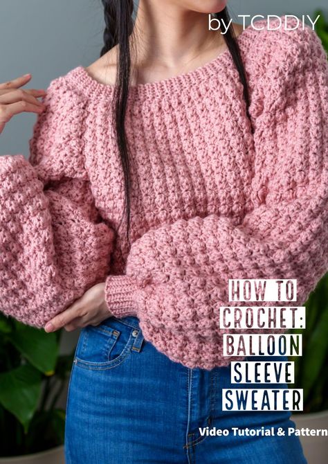 Balloon Sleeves Sweater, Crochet Lantern Sleeve Sweater Pattern, Crochet Winter Top, Crochet Winter Dresses, Crochet Balloon Sleeve, Crochet Balloon, Crochet Jumper Pattern, Crochet Blouses, Crochet Sweater Design