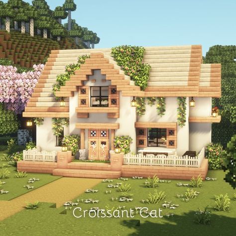 Croissant Cat | Cottagecore House. Full Tutorial in my channel on YouTube. Link in bio❤ - - - Game Info - - - Shaders: Complementary Shaders Texture:… | Instagram Minecraft Open Space Ideas, House Design Minecraft Easy, Croissant Cat Minecraft, How To Make A Cute House In Minecraft, Cute Mc House Ideas, Minecraft Cat House Design, Minecraft House Materials, Tiny Cottage Core House Minecraft, Cute Minecraft Builds House