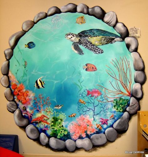 Portfolio | Artist Lisa DeWilde | 831-713-7983 | Murals and Portraiture Aquarium Mural, Aquarium Painting, Kids Room Murals, Underwater Painting, Sea Life Art, School Murals, Underwater Art, Wall Murals Painted, Wall Drawing