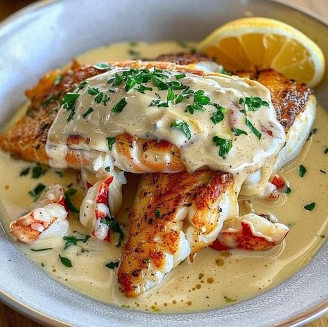 Simple & Grandma's Cooking Recipes | Seaside Snapper with Lobster Cream Sauce 🐟🦞 | Facebook Snapper Filet Recipes, Lobster Cream Sauce, Filet Recipes, Snapper Recipes, Snapper Fish Recipes, Grandma Cooking, Lobster Recipes, Chicken Tortilla Soup, Buffalo Chicken Dip