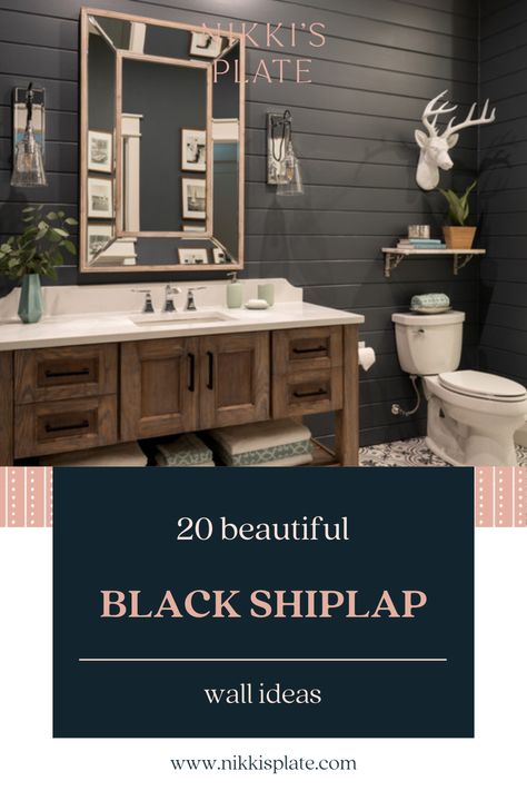 Bathroom With Black Shiplap, Black Panel Wall Bathroom, Black Shiplap In Kitchen, Brown Shiplap Bathroom, Shiplap Wall Behind Bathtub, Dark Gray Shiplap Bathroom, Black Bathroom Shiplap, Black Beadboard Accent Wall, White Accent Wall Bathroom