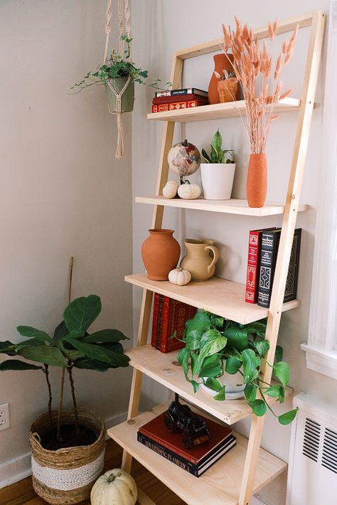 How to build a DIY Modern ladder shelf - If Only April Diy Plant Ladder Shelf, Diy Wooden Ladder Shelf, Build Ladder Shelf, Leaning Shelf Diy, Diy Leaning Ladder Shelf, Decorating A Ladder Shelf, Ladder Nightstand, Diy Standing Shelf, How To Make A Ladder Shelf