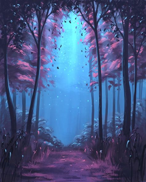 Purple Tree Drawing, Foliage Art, Purple Forest, Night Sky Art, Forest Drawing, Purple Painting, Blue Drawings, Space Drawings, Watercolor Forest