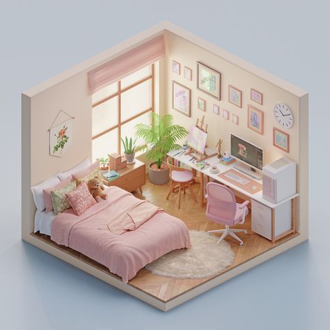 3d House Interior, 3d Room Design Interiors, Mini Bedroom Design, Blender Bedroom, Bedroom Isometric, Mini House Design, Bedroom 3d Design, 3d Bedroom Design, Room Decor Pieces