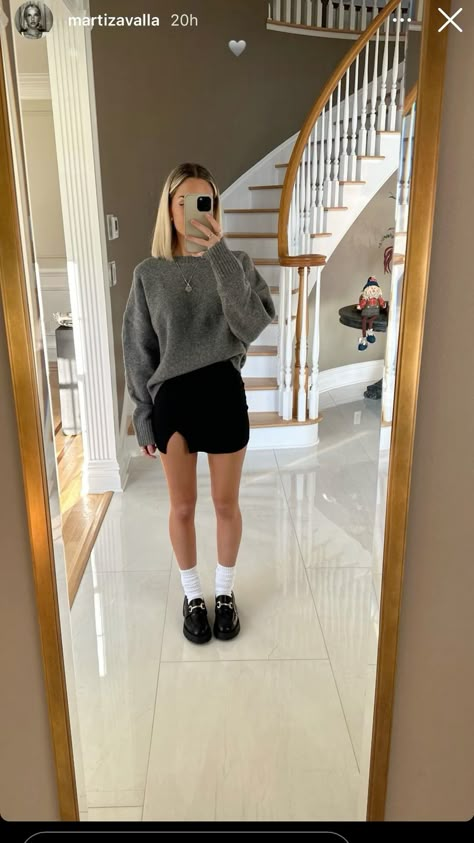 Mini skirt, knitted sweater, loafers and white socks Loafers Fall Outfit Aesthetic, Chunky Loafers White Socks, Using Dress As Skirt, Loafers And Mini Skirt, Style Mini Skirt Winter, Heeled Loafers With Socks, Cute Basic Birthday Outfits, Black Mini Skirt Outfit With Sneakers, Outfit With White Socks