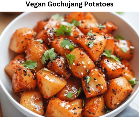 Vegan Gochujang Potatoes Gochujang Potatoes, Vegan Gochujang, Asian Potatoes, Vegan Pesto Sauce, Sweet Potato Pizza Crust, Vegan Potatoes, Mexican Quinoa Salad, Sweet Potato Pizza, Potatoes Fries