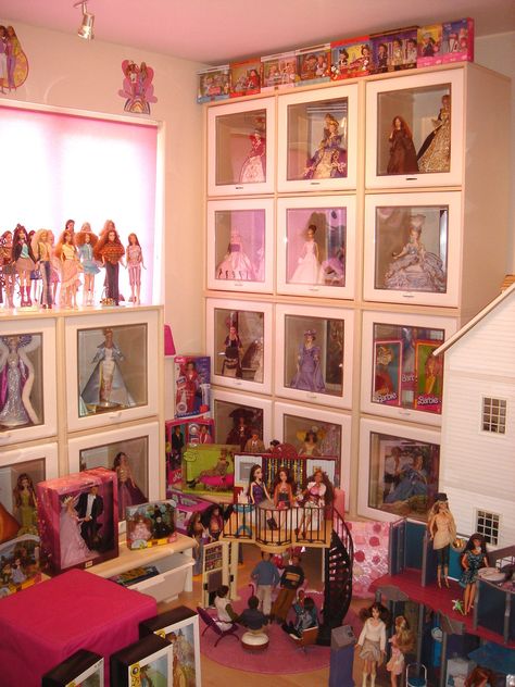 My first Barbie Room; right-hand side Barbie Collection Room, Barbie Collection Display, Barbie Display Ideas, Barbie Playroom, Barbie Shelf, Doll Collection Display, Barbie Display, Barbie Storage, Barbie Rooms