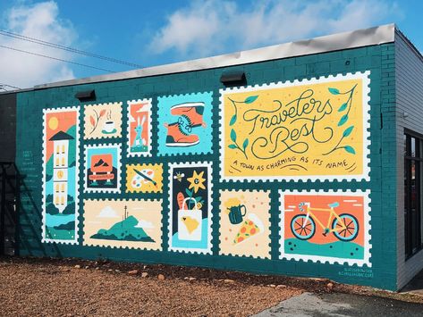 Travel Mural, Boots Illustration, Food Bike, Exterior Murals, Office Mural, Mural Art Design, Bike Boots, Travelers Rest, School Murals