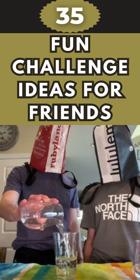 Spice up your hangouts with these 35 fun challenge ideas for friends! Test your creativity with a Drawing Blindfolded challenge, showcase your skills in a Trivia Showdown, or embrace the hilarity of the Whisper Challenge. From food challenges to timed dares, these activities are perfect for laughs, bonding, and friendly competition. Ready to take on the challenge? Fun Contest Ideas, Friend Bonding Activities, Funny Challenges For Friends, Fun Challenges To Do, Friends Challenge Ideas, Last To Leave Challenges Ideas, Drawing Blindfolded, Bestie Challenges, Funny Challenges To Do With Friends