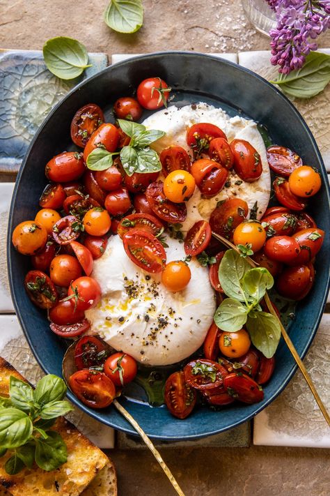 Marinated Cherry Tomatoes With Burrata, Burrata And Heirloom Tomatoes, Caprese Salad With Burrata, Caprese Salad Burrata, Burrata And Tomatoes, Marinated Tomatoes Recipes, Burrata Tomato Salad, Half Baked Harvest Appetizers, Italian Dinner Party Ideas