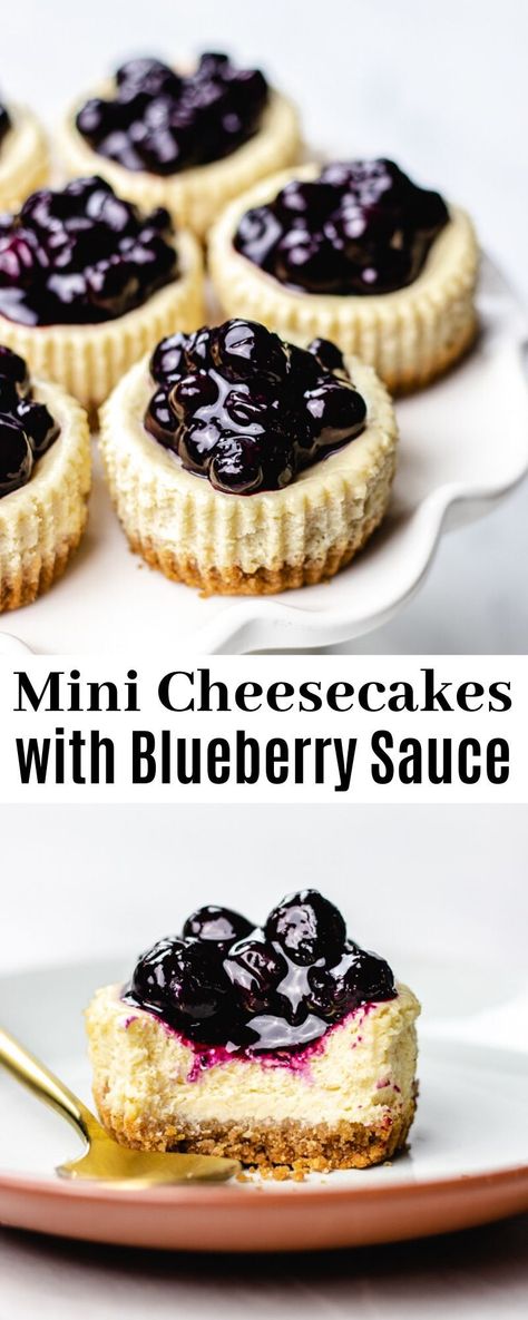 Mini Cheesecakes made with  gluten-free Graham crackers crust, silky cream cheese and sour cream  filling, and blueberry sauce are baked in muffin pan. This recipe is so  easy to make for your summer party cookout! #cheesecake #blueberry #grahamcrackers Gluten Free Cheesecake Cupcakes, Mini Cheesecake Recipes Gluten Free, Blueberry Desserts Gluten Free, Blueberry Cheesecake Sauce, Gf Mini Cheesecakes, Blueberry Cheesecake Cupcakes Recipe, Baked Cheesecake Cupcakes, Mini Blueberry Cheesecakes No Bake, Blueberry Cheesecake Recipes No Bake