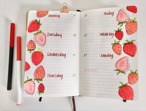 Cherry Bullet Journal, Bujo Strawberry Theme, Strawberry Bujo, Strawberry Bullet Journal, Strawberry Journal, February Bullet Journal, Bullet Journal Monthly Spread, Bullet Journal Ideas Templates, Creating A Bullet Journal