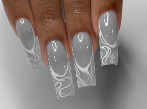 Grey Nails Square, Gray And White Nails, Gray Acrylic Nails, Grey And White Nails, Light Grey Nails, Grey Acrylic Nails, Grey Nails, French Tip Acrylic Nails, Simple Acrylic Nails