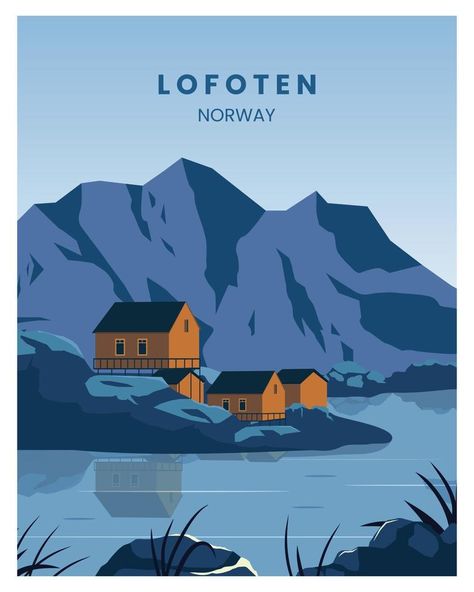 lofoten Norway landscape background.Bay view with buildings vector illustration. suitable for poster, postcard, art print. Norway Landscape, Norway Design, Lofoten Norway, Postcard Art, Landscape Background, Bay View, Holiday Books, Vintage Travel Posters, Vintage Travel