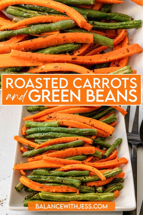 Roasted Green Beans And Squash, Side Healthy Dishes, Roasted Green Beans And Carrots Recipes, Healthy Fresh Green Bean Recipes, Whole 30 Green Beans, Roasted Carrots And Green Beans Oven, Roasted Beans And Carrots, Carrots And Green Beans Roasted, Green Bean Carrot Side Dish