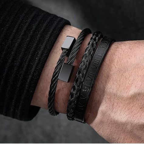 with gold accents. Perfect for any special occasion. #luxury #bracelet #black https://whispers-in-the-wind.com/discover-the-latest-mens-accessory-trends-for-2024/?natural-lava-stone-handmade-2-strands-leather-healing-strength-men-bracelet Men Wearing Bracelets, Black Jewelry Men, Mens Wrist Accessories, Men Accessories Aesthetic, Men’s Bracelet, Men’s Jewelry, Black Bracelets For Men, Mens Jewelry Aesthetic, Guy Bracelets